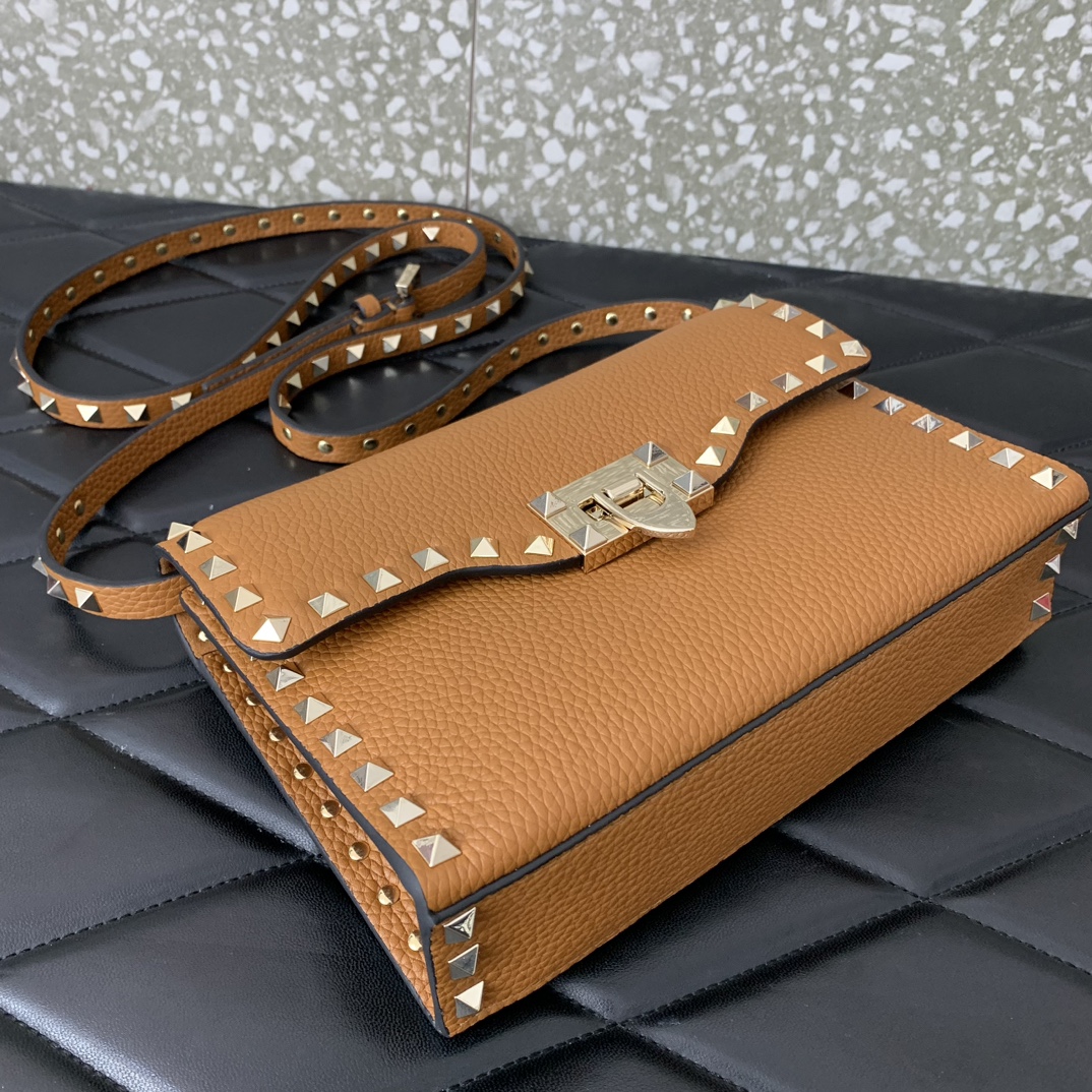 Valentino Garavani Rockstud Crossbody Bag in Brown Grainy Calfskin